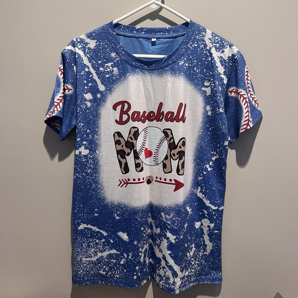 NIP Baseball Mom Shirt Blue Bleach Splash Patriotic Tee Womens Small July 4th